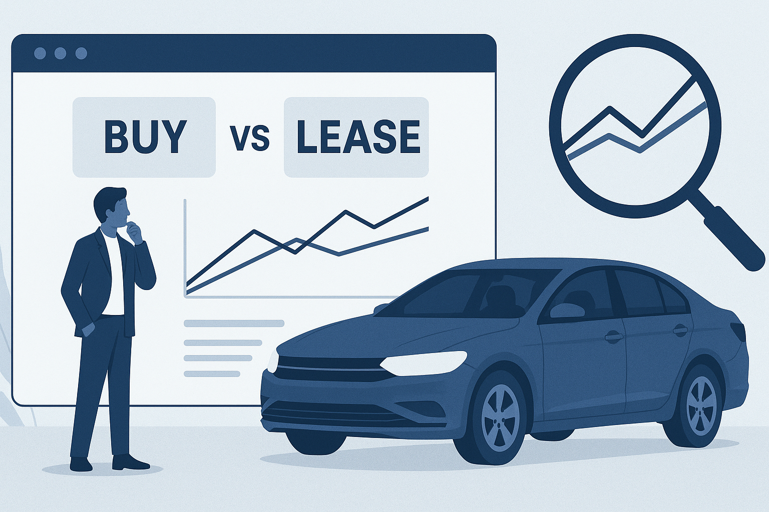 car buy vs lease analysis image with a man reviewing a line chart, a dark blue sedan, and a magnifying glass highlighting data trends, representing a decision-making process between purchasing or leasing a vehicle.